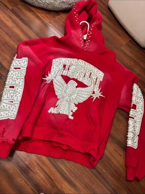 Retrovert Red Embellished rhinestone distressed Eagle Graphic Hoodie unisex